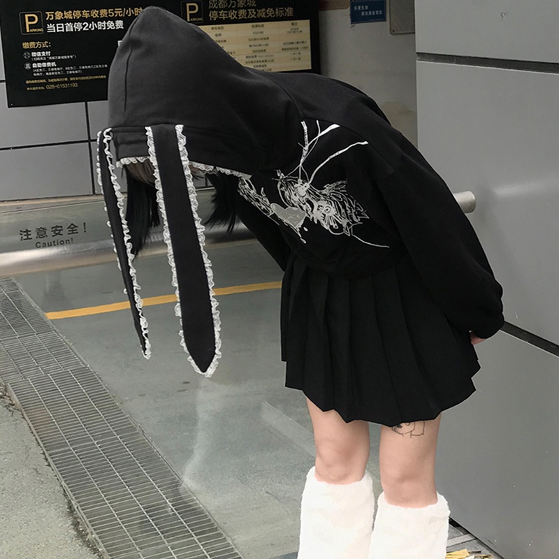 Y2k Harajuku Sweatshirts Gothic Grunge Mechanical Rabbit Ears Hooded Black Hoodie Women Autumn Punk Hoodies Fashion Streetwear 220816