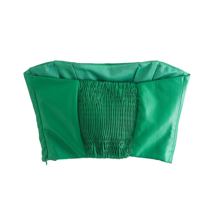 TRAF Off Shoulder Top Women Green Crop Female Faux Leather Corset Ruched Tube Sexy Woman Tank s Backless Bustier s 220316