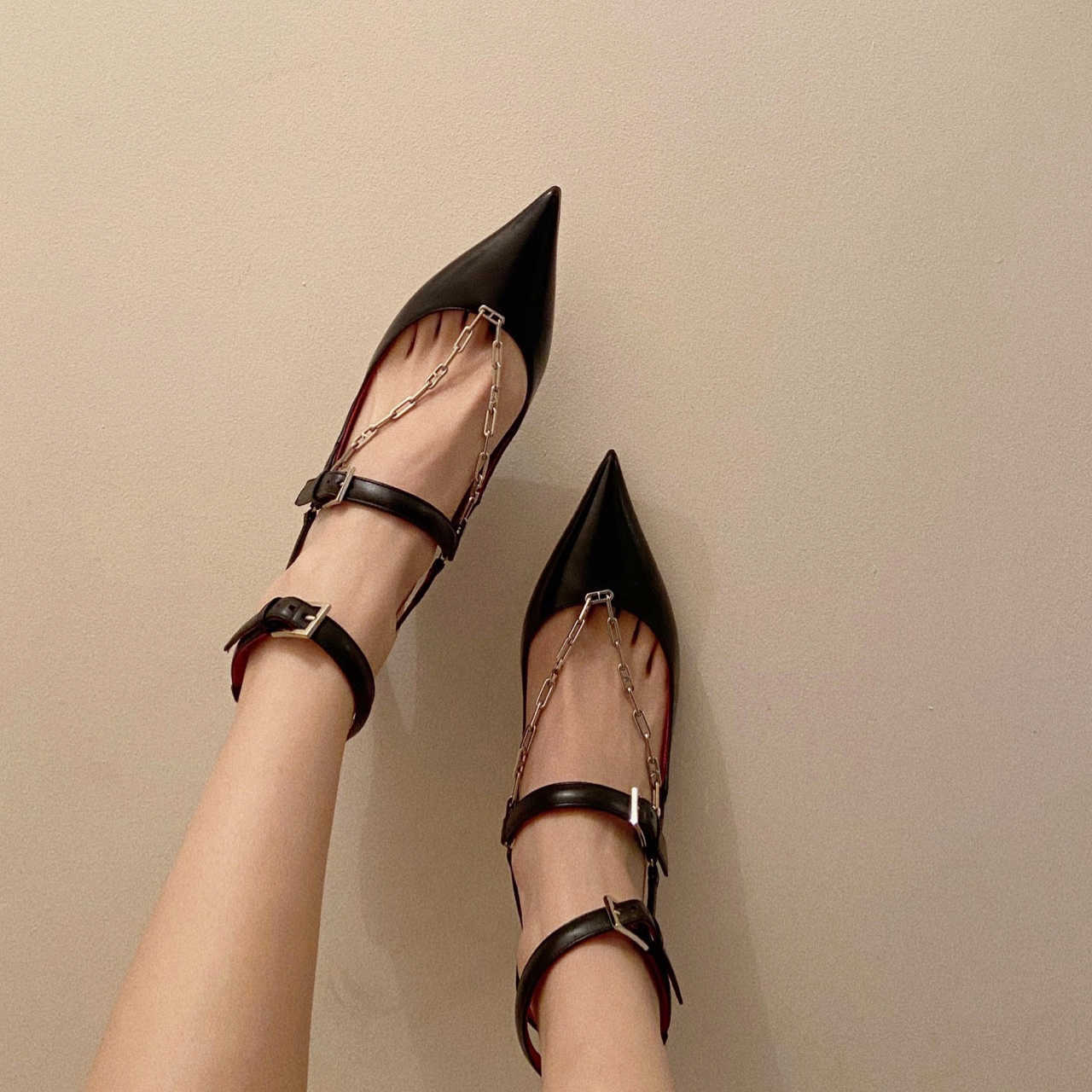 Summer new style leather pointed toe buckle high heels female chain fairy style cat heels mid-heel sandals women
