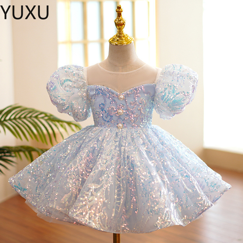 2023 blue Ball Gown Flower Girl Dresses for Wedding See Through Beaded Puffy Little Girls Pageant Dress sequined Toddler First holy Communion Gowns