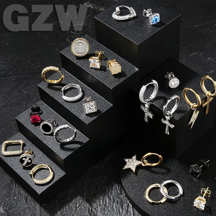 18K Real Gold Hoop Cross Heart Dangle Huggie Earrings for Men Women Iced Out Pentagram Fine Quality Bling Cubic Zirconia Hip Hop Diamond Stud Earring 