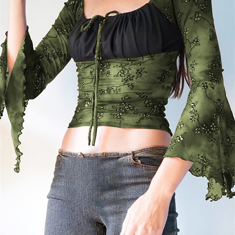 

Goth Dark Vintage Brown Gothic Flare Sleeve T shirts Women Grunge Fairycore Cropped Tops Autumn Lettuce Hem Bandage Milkmaid Tee 220728, Green
