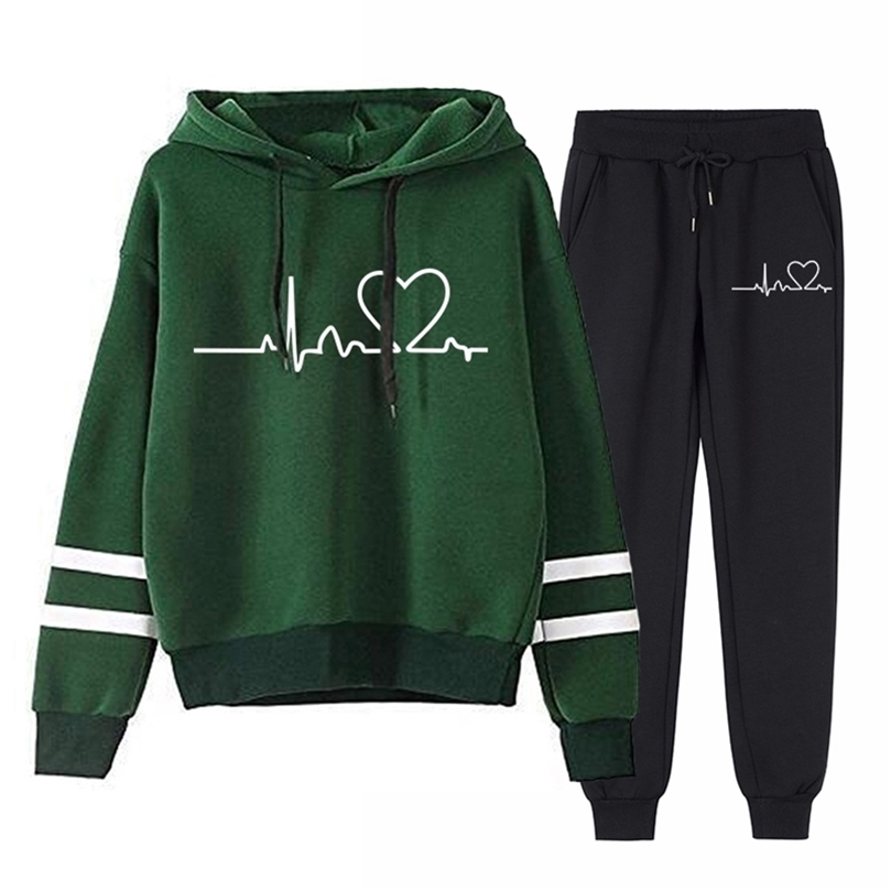 Women Tracksuits Autumn Spring Clothing Female Suits 2 Pieces Set Hooded Sweatshirts and Black Pants Casual Outfits Love Print 220817