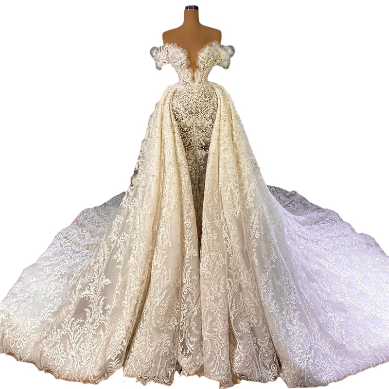 Luxury Arabic Dubai Wedding Dresses 2022 Lace Floral Off Shoulder Princess Mermaid Bridal Gown with detachable train Abito da sposa