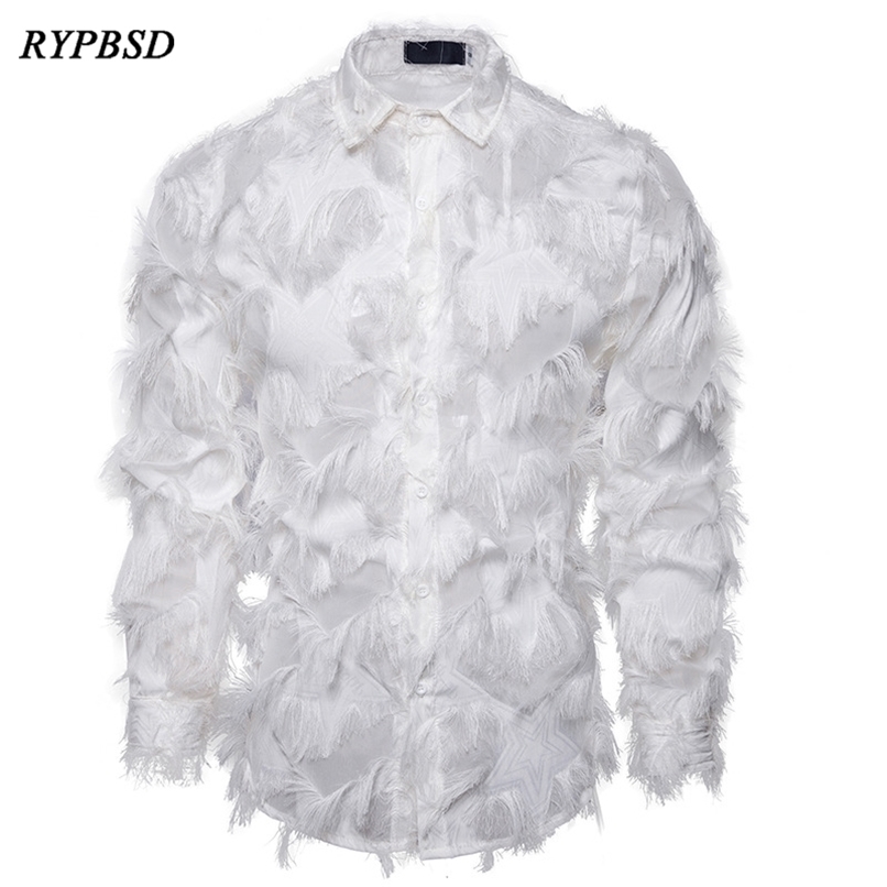 Sexy Feather Lace Shirt Men Fashion Floral Long Sleeve Dress Shirts Party Nightclub Transparent Gothic Stage Costume 220322