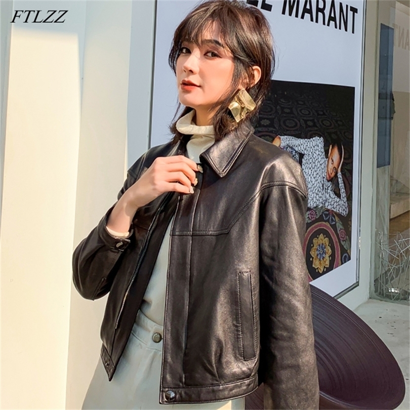 FTLZZ Spring Women Leather Jacket Lapel Zipper Short Pu Jacket Lady Slim Black Long Sleeve Biker Jacket Coat 220815