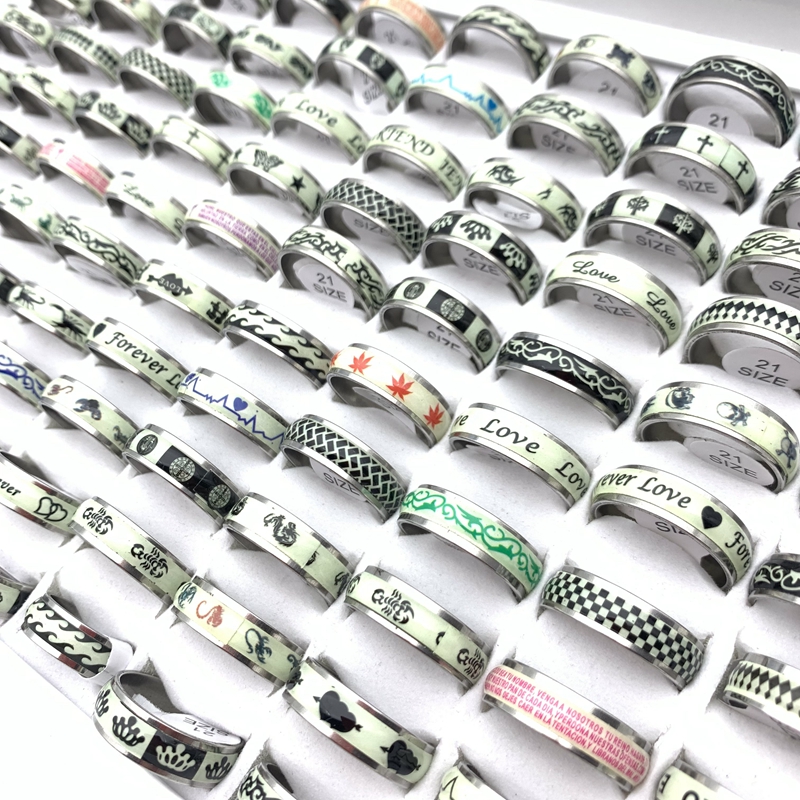 Whole 100pcsLot Band Rings Stainless Steel Luminous Fashion Jewelry For Men Women Sticker Glow in the Dark Party Gift Mix Pat