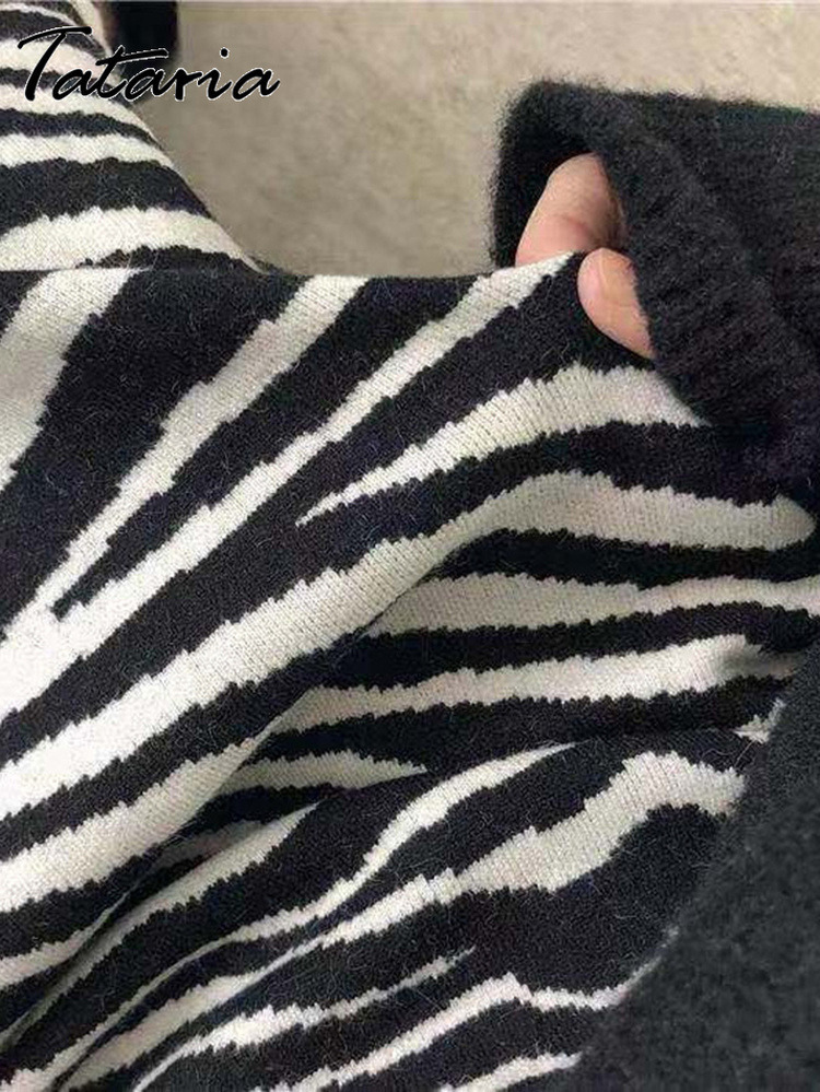 Zebra Stripe Women Midi Knitted Skirt Female High Waist Vintage Pleated Straight Animal Print Ladies 220322