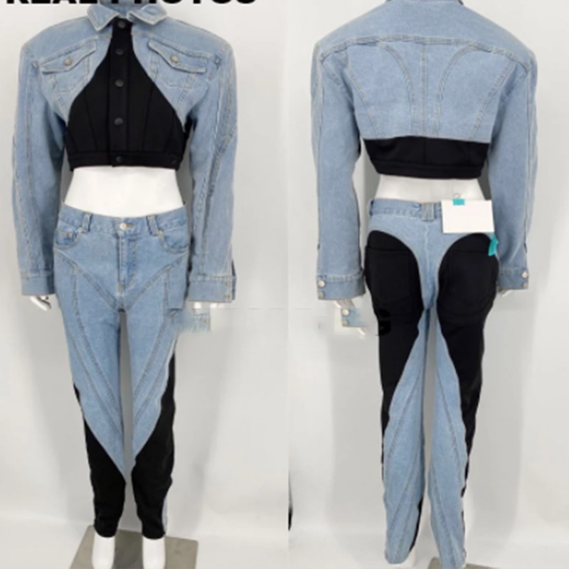 DEAT autumn and Spring fashion women clothes high waist contrast colors denim washted patchwork slim jeans WT05205L 220325