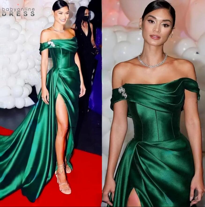 

2022 Hunter Green Red Carpet Evening Dresses Off Shoulder Slit Dubai Arabic Aso Ebi Pleated Stain Prom Dress Vestidos De Noche B0415, Pink