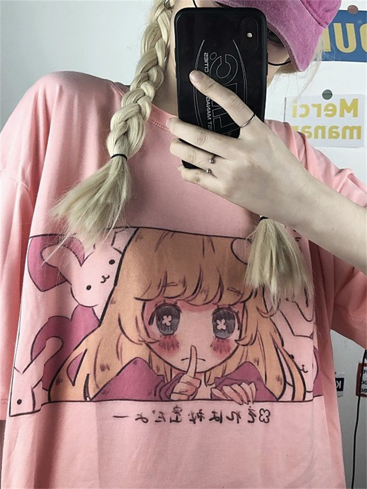 anime girl image print women tops tshirts Korean style t-shirts summer sweet fashion t shirts preppy couple clothes o-neck tee 220321
