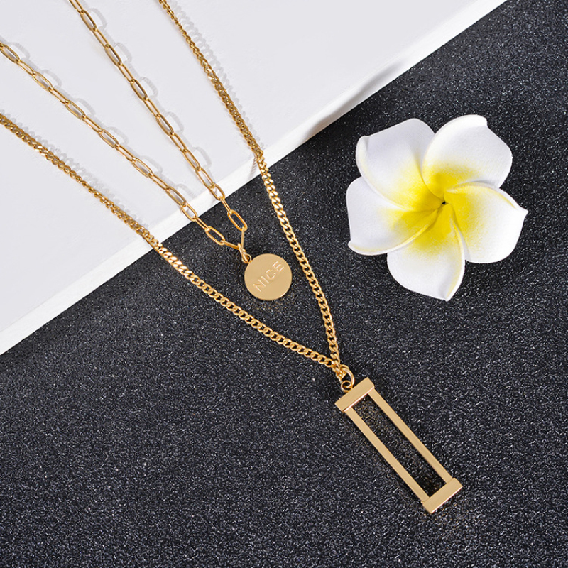 Fashion Rectangle Pendant Multilayered Chain Round Nice Charm Necklace
