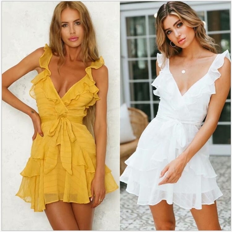 summer Deep V Neck Yellow Green white Sexy Dress Ruffle Bow Women Dress Solid Casual Bohemian Beach Dress Vestidos R133 T200619