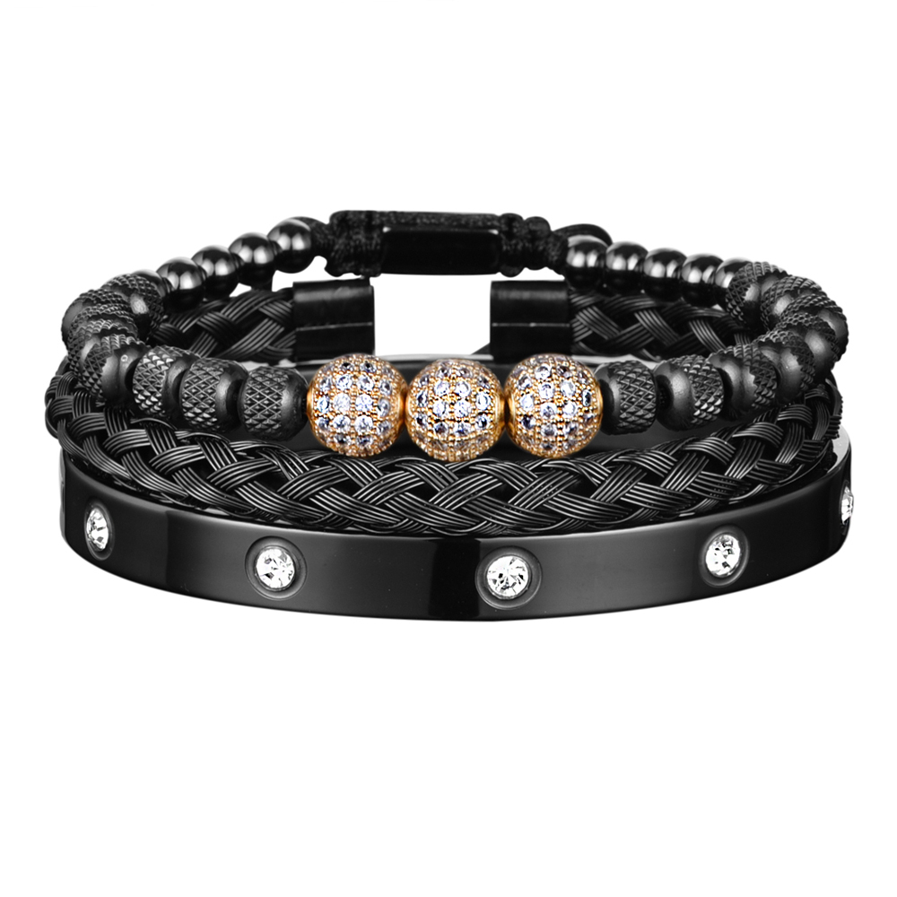 3pcs Luxury Micro Pave CZ Round Beads Royal Charm Men Link Bracelets Stainless Steel Crystals Bangles Couple Handmade Jewelry Gift
