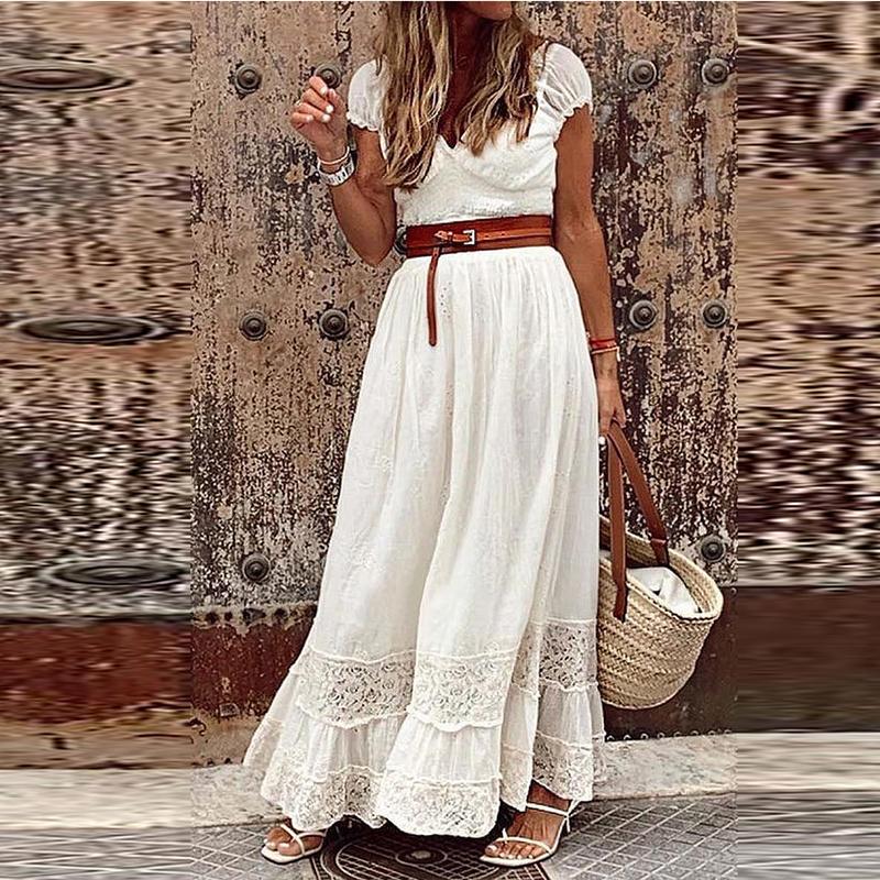 Casual Elegant V-Neck Dress: Embroidered Lace Maxi Dress For Summer And Beach In B4