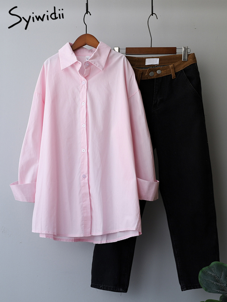 Syiwidii Long Sleeve Blouse Woman Button Up Shirt Loose Office Lady Tops Korean Fashion White Blue Oversize Spring Autumn 220407