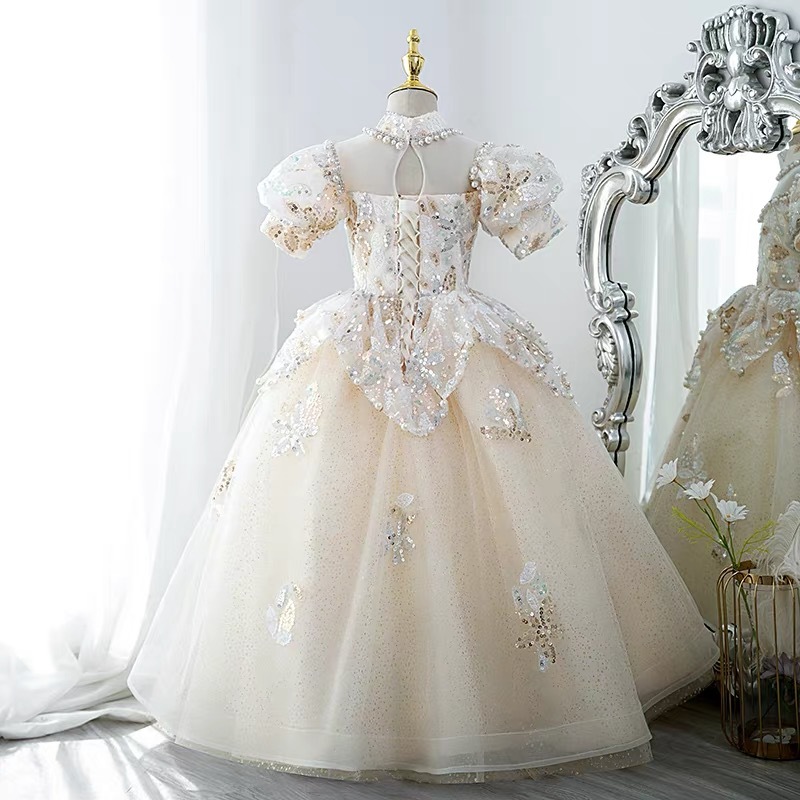 Crystal Lace Little Kids Flower Girl Dresses Princess Jewel Neck Tulle Applique Puffy Floral Formal Wears Party Communion Pageant Gown