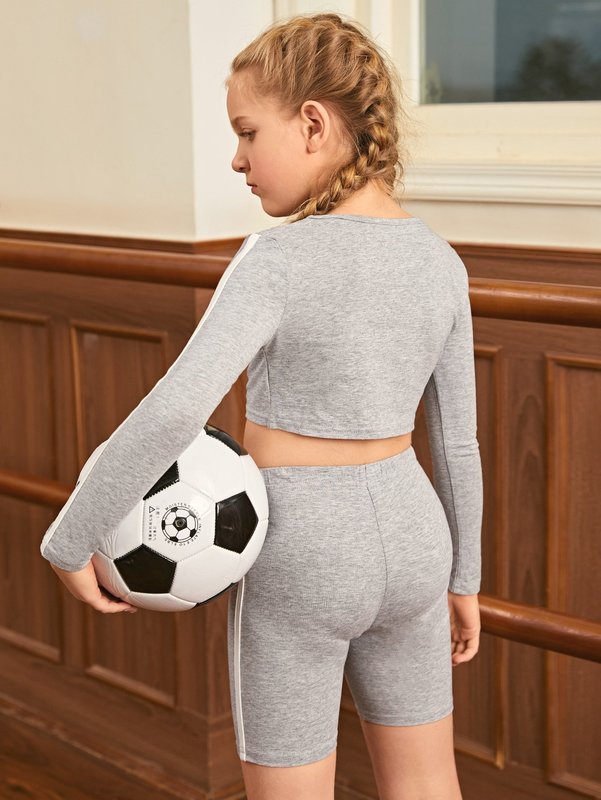 Girls Tape Side Crop Top & Biker Shorts Set SHE