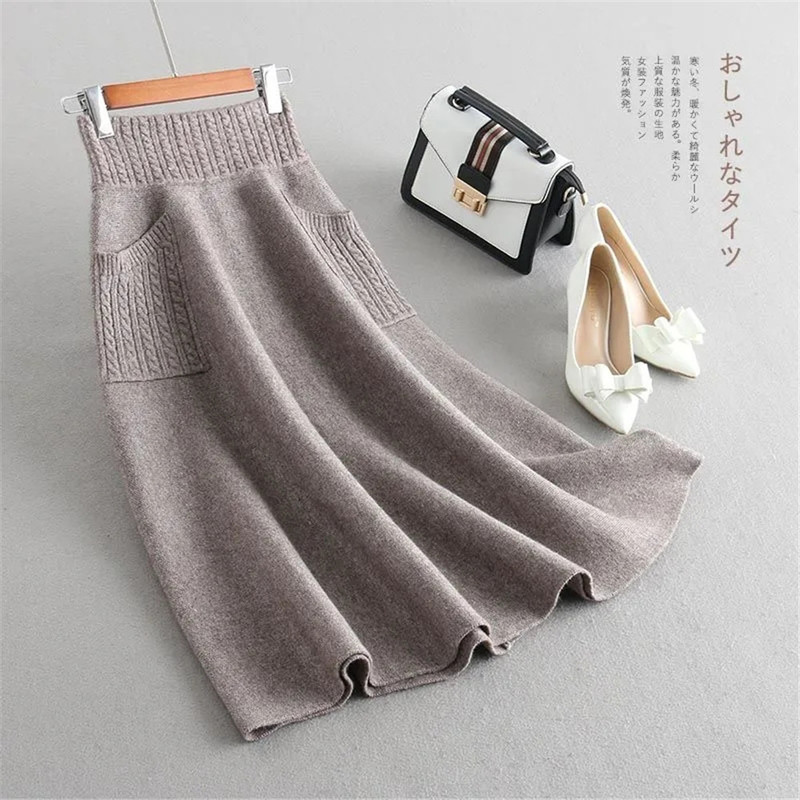 High Waist Women Winter Wool Knitting Long Skirts Faldas Jupe Femme Saia Korean Office Ladies Vintage Black Skirt With Pocket 220317