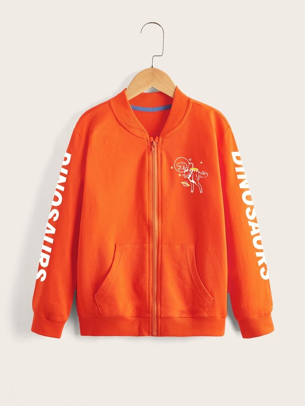 Toddler Boys Letter & Dinosaur Print Kangaroo Pocket Bomber Jacket SHE