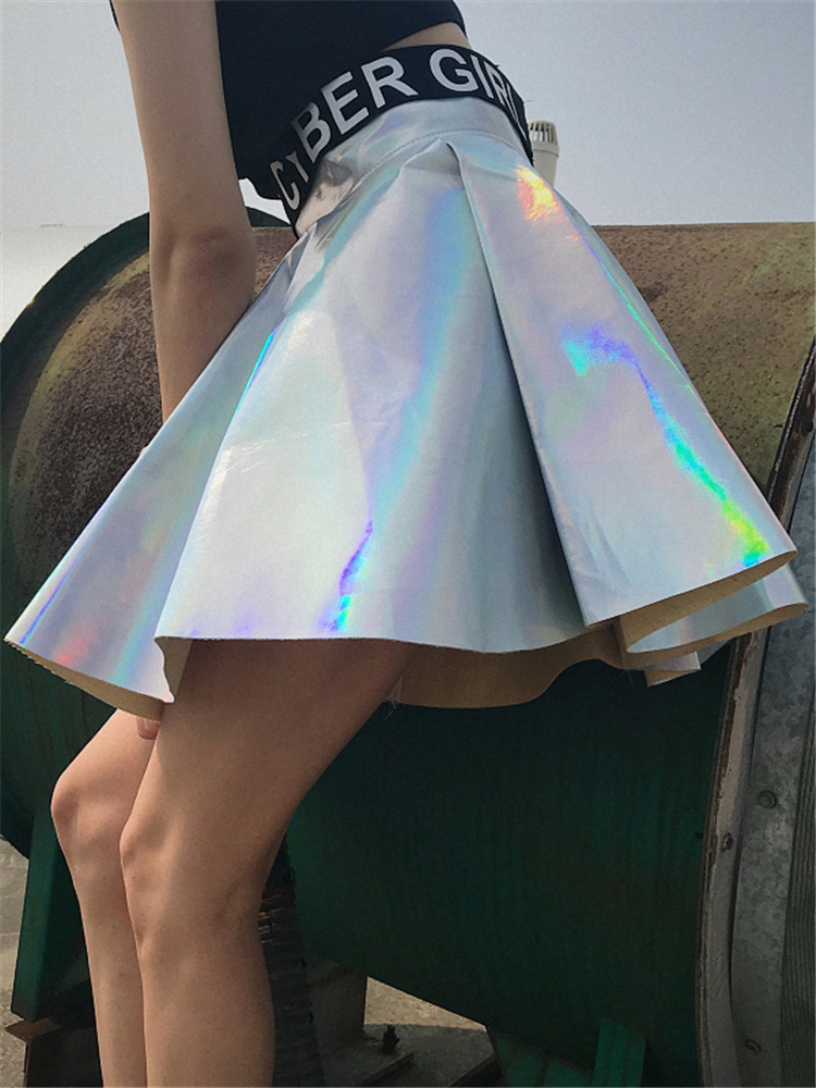 Jo's Magia Box Y2k Holographic Pleated Sexy Women Mini Skirts PU Rainbow Laser Harajuku Party Club High-waisted Women's 220322