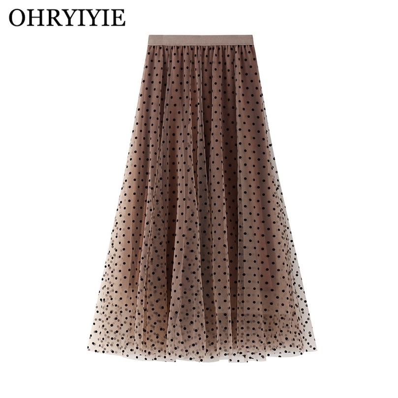 OHRYIYIE Autumn Winter Polka Dot Tulle Skirts Women Casual Elastic High Waist A-line Skirt Female Party Beach Midi Skit 220317
