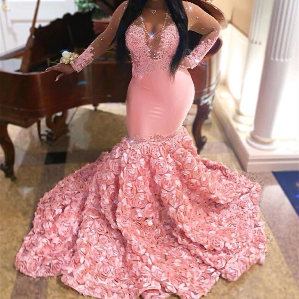 Pink Prom Dresses Meiamid for Womens V Neck Long Sleeves 3D Flowers African Women Formal Party Evening Gowns Plus Size