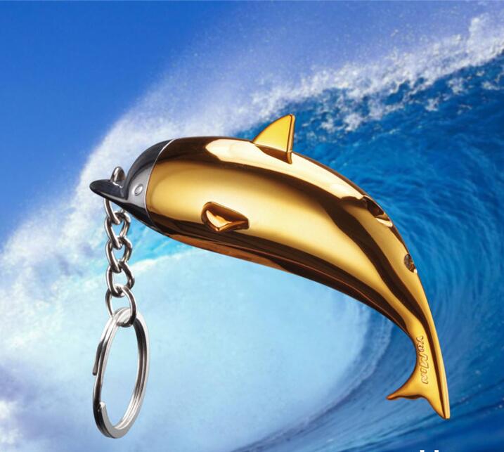 Newest Dolphin Shaped Fire Lighter Keychain Ring Inflatable No Gas Metal Cigar Butane Cigarette Flame Lighters Smoking Tool Home Decorative W260202