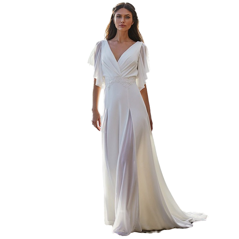 Elegant Boho Beach Wedding Dress Short Sleeve V-Neck Open Back Long Bohemian Bridal Gowns 2022 A Line Bride Wedding Dresses Robes De Mariee