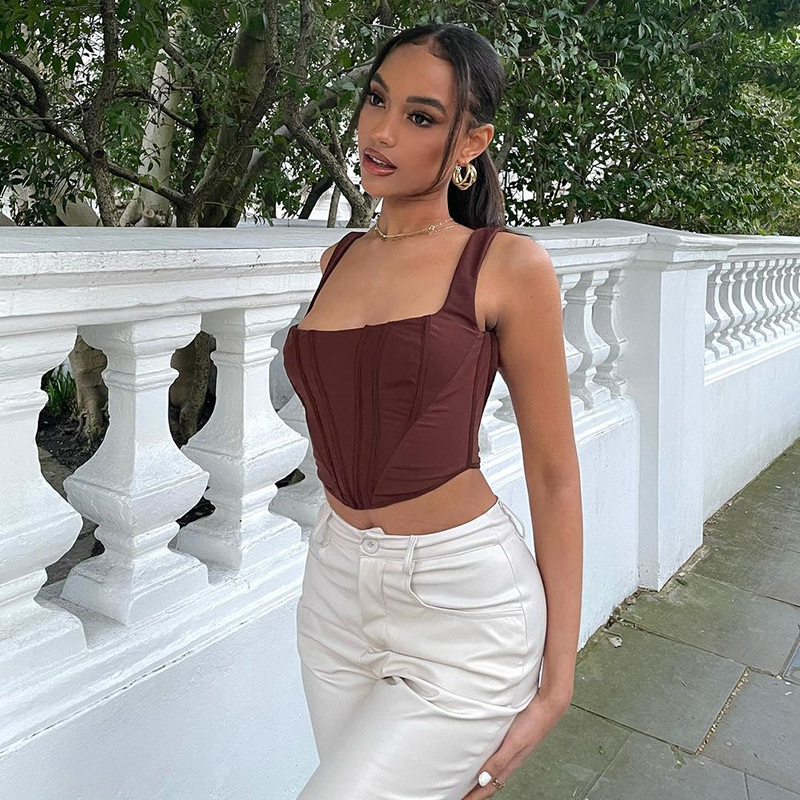 Asia Boning Corset Top Zipper 2Layer Elastic Solid Color Square Neck Slim Fit Bustier Women Summer Crop Tank Fashion Vest 220316