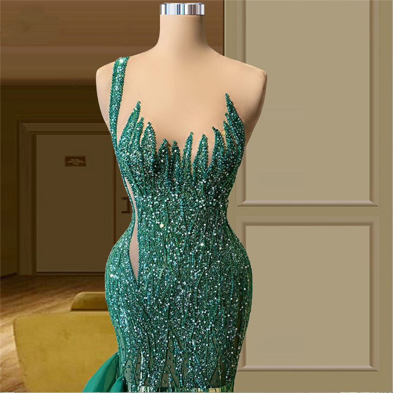 Sexy Beading Green Mermaid Prom Dress Plus Size Formal Women Tiered Tulle Evening Dresses Custom Made Vestidos