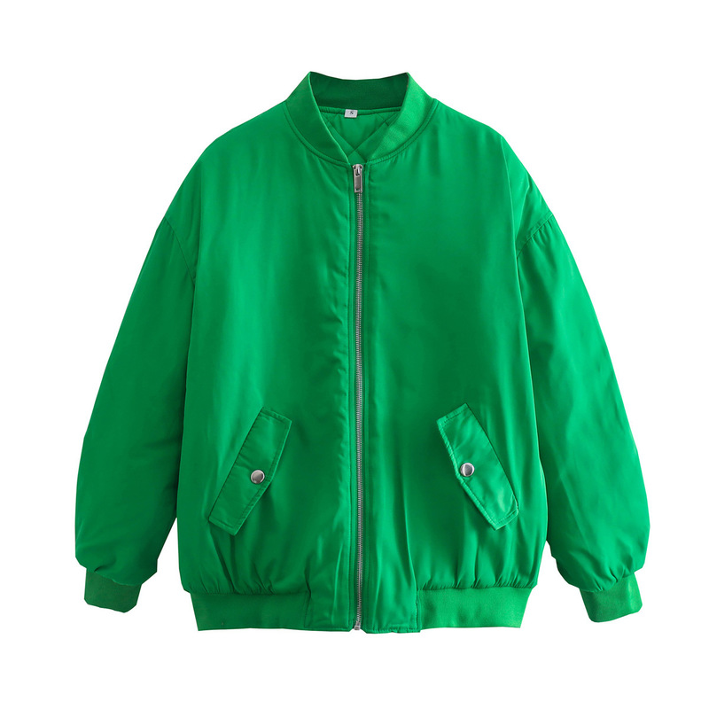 Women Fashion with Pockets Solid Front Zipper Jackets Vintage Stand Collar Coat Long Sleeves Female Chic Outwears Bomber Jacket 220803