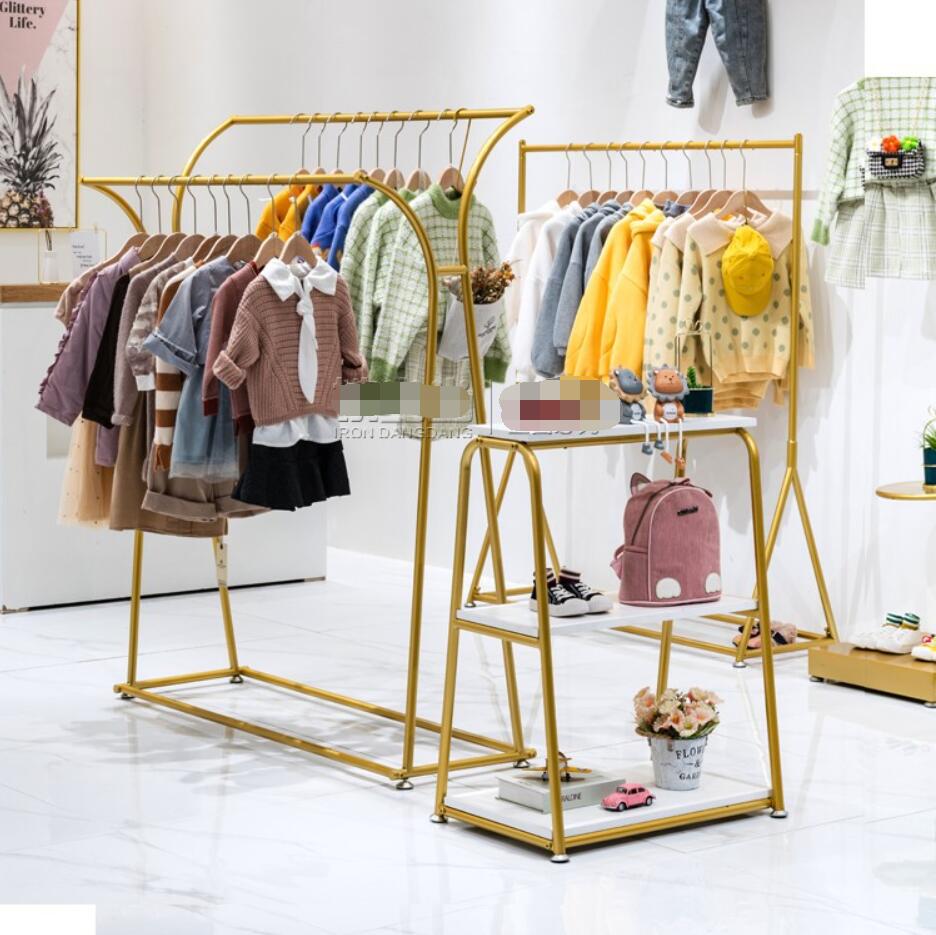 Children's clothing store display shelf Bedroom Furniture floor type golden shelfs baby clothes hanger clothing shop racks kids cloth rack