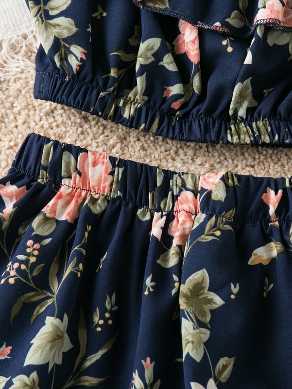 Girls Floral Print Ruffle Trim Top & Skirt SHE