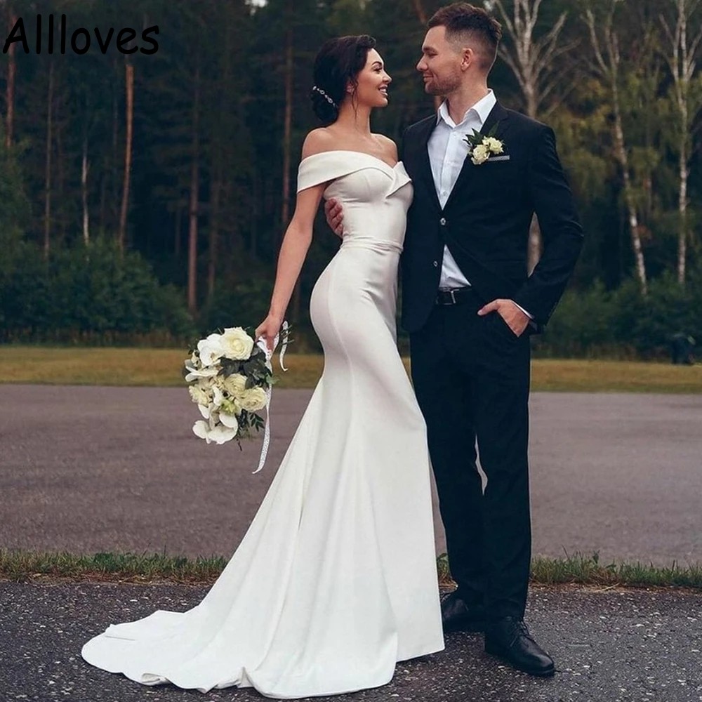 White Satin Shoulder Off Wedding Dress with Sweep Train Simple Arabic Aso Ebi Mermaid Bridal Gowns Boho Garden Country Elegant Robes De Mariee Abitida
