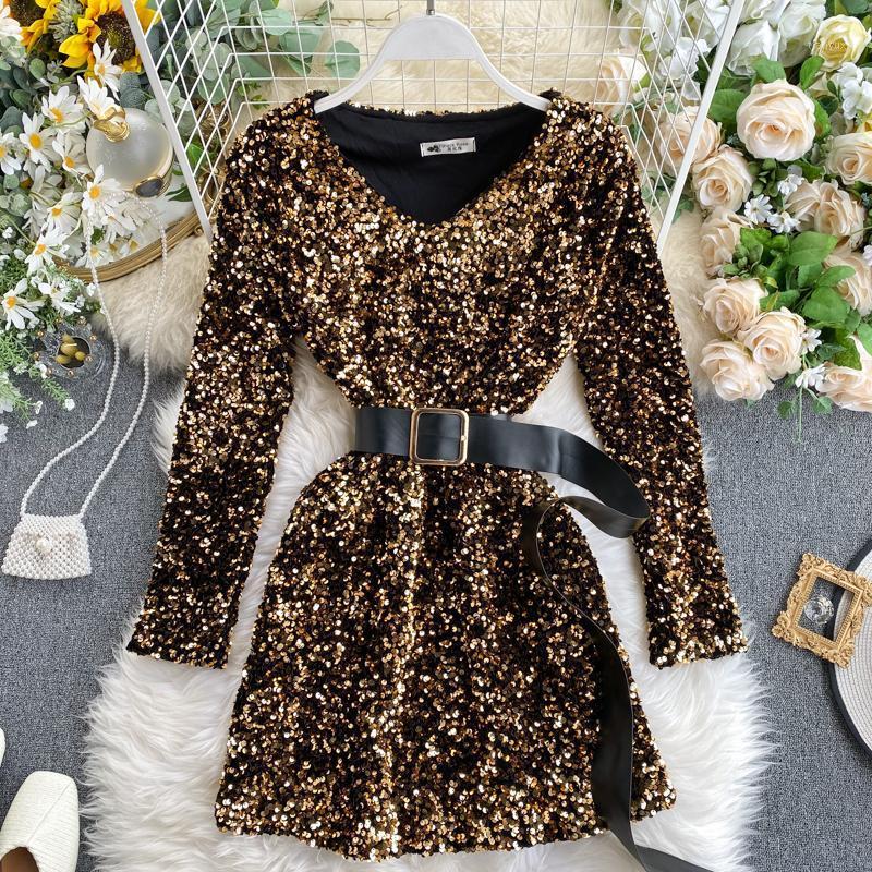Casual Dresses Bling Shiny Sequins Dress Spring Women Sexy V Neck Long Sleeve With Belt Ladies Club Party, Black
Casual Dresses Bling Shiny Sequins Dress Spring Women Sexy V Neck Long Sleeve With Belt Ladies Club Party, Black