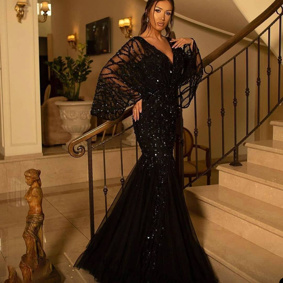Elegant Black Mermaid Prom Dress Sexy Illusion V Neck Sequins Bling Long Sleeve Sweet 15 16 Quinceanera Evening Dresses Birthday Party Special Occasio
