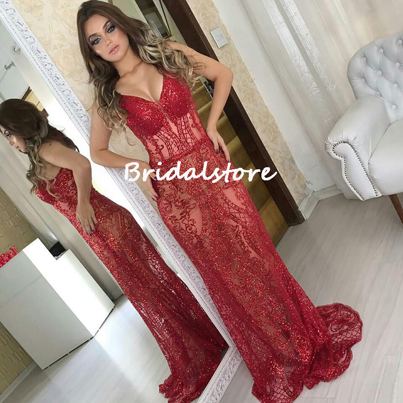 Shiny Gold Sequin Prom Dresses 2022 Sexy V Neck Sparkle Mermaid Evening Gowns Floor Length Backless Night Party Pageant Occasion Party Dress Robes De 