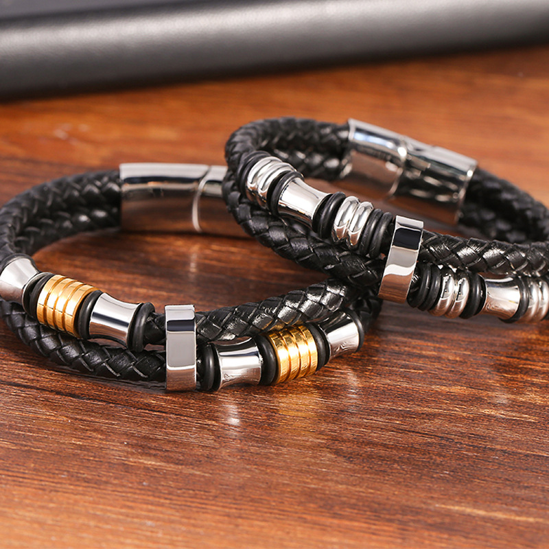 Handmade Stainless Steel Charm Bracelet Double Layer Genuine Leather Bracelets
