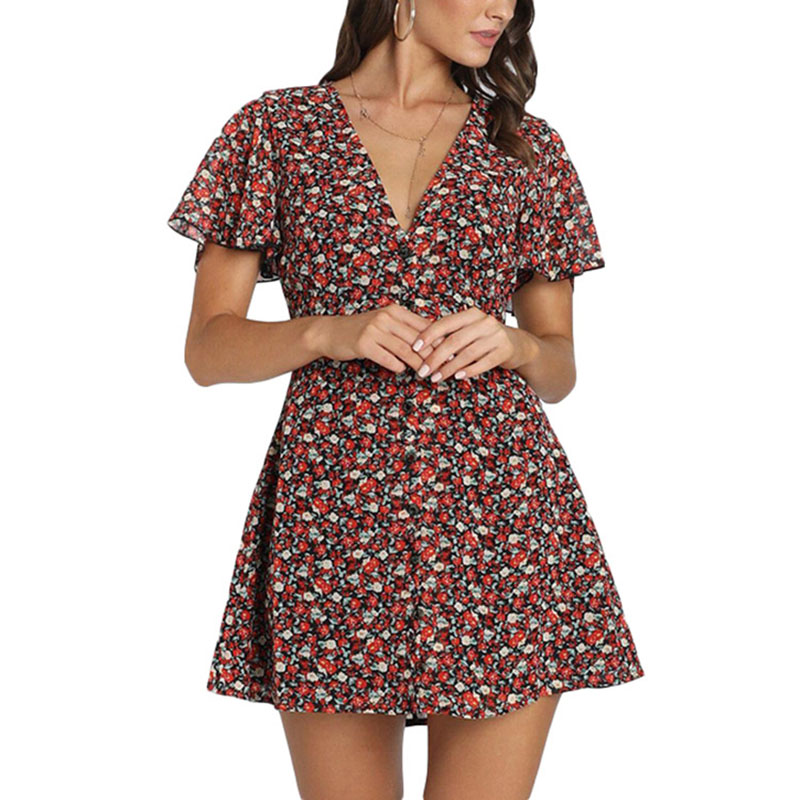 V-Neck Bell Short Sleeves Summer Mini Casual Chiffon Dress A-Line Floral Printed with Button Down, Colorful
V-Neck Bell Short Sleeves Summer Mini Casual Chiffon Dress A-Line Floral Printed with Button Down, Colorful