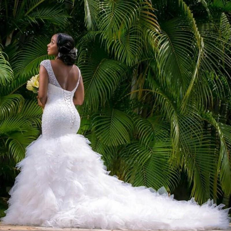 Glitter Beaded Mermaid Wedding Dress V-neck Tiered Skirt Long Tulle Bridal Gowns Ivory Sexy Backless African Plus Size Bride Wedding Dresses Custom Ma
