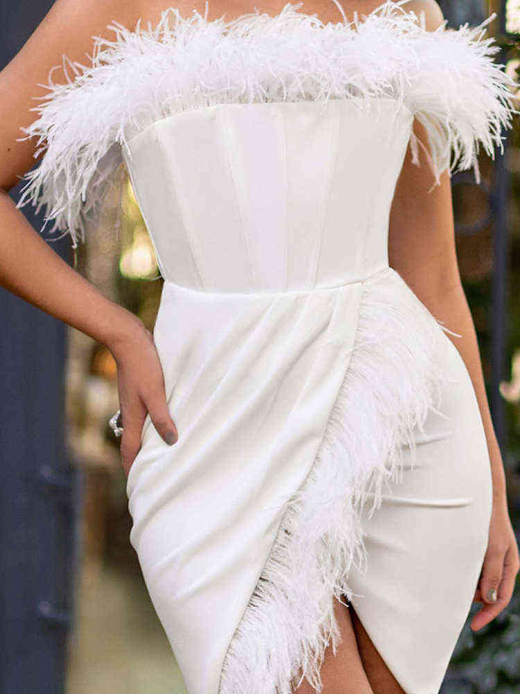 Sexy Feather Mini Dress Women Off Shoulder Front Split Satin Wrap Dress Female Club Party Evening Summer Dresses Women 2022 New T220816