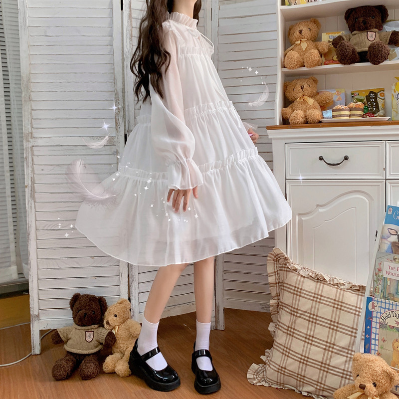 Dresses Women Summer Chiffon Holiday Party Sweet Girls Lovely Clothing White Solid A line Japanese Style Ladies Vestidos Mujer 220613