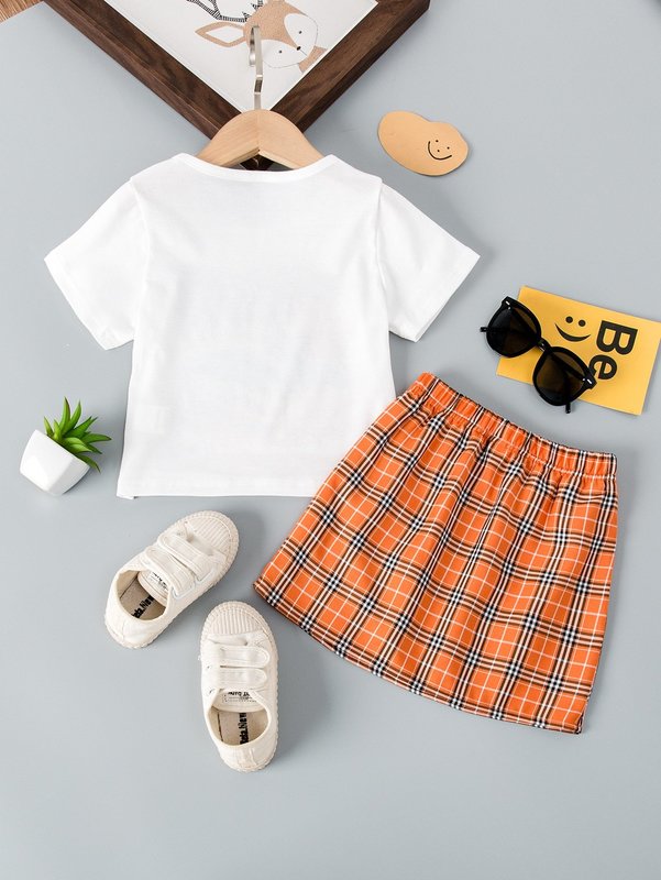 Toddler Girls Car & Slogan Graphic Tee & Plaid Print Skirt SHE