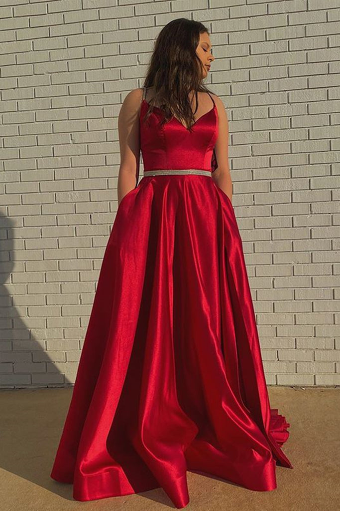 A Line V Neck Red Satin Evening Dresses with Beaded Sash Open Back Sweep Train Formal Graduation Prom Gowns, Light sky blue
A Line V Neck Red Satin Evening Dresses with Beaded Sash Open Back Sweep Train Formal Graduation Prom Gowns, Light sky blue