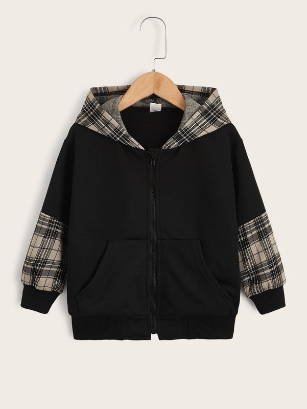 Toddler Boys Zip Up Colorblock Plaid Kangaroo Pocket Hoodie SHE