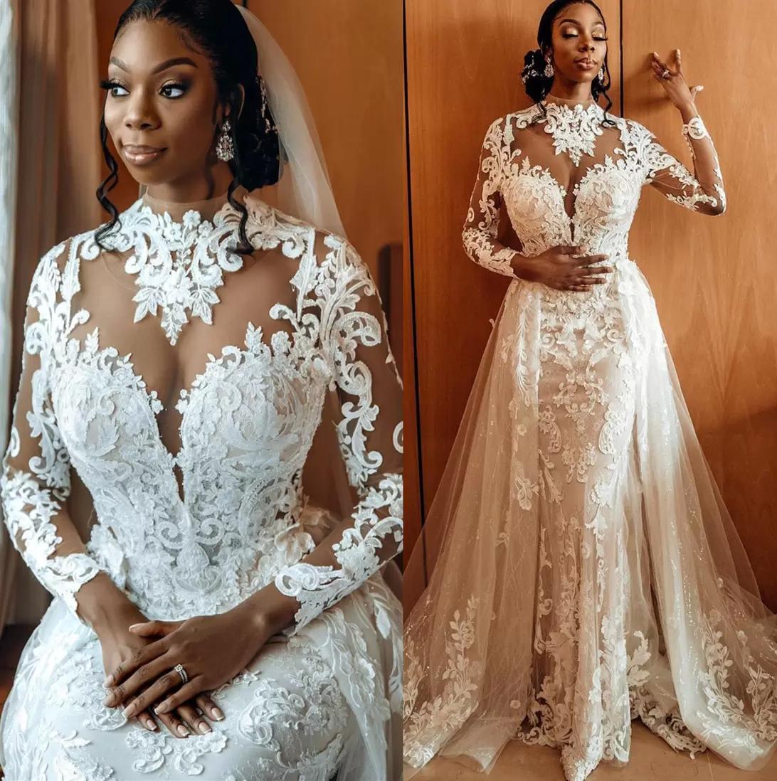 2022 Mermaid Wedding Dresses with Detachable Train Bridal Gown Long Sleeves High Neck Plus Size Lace Applique Sweep Train Custom Made vestido de