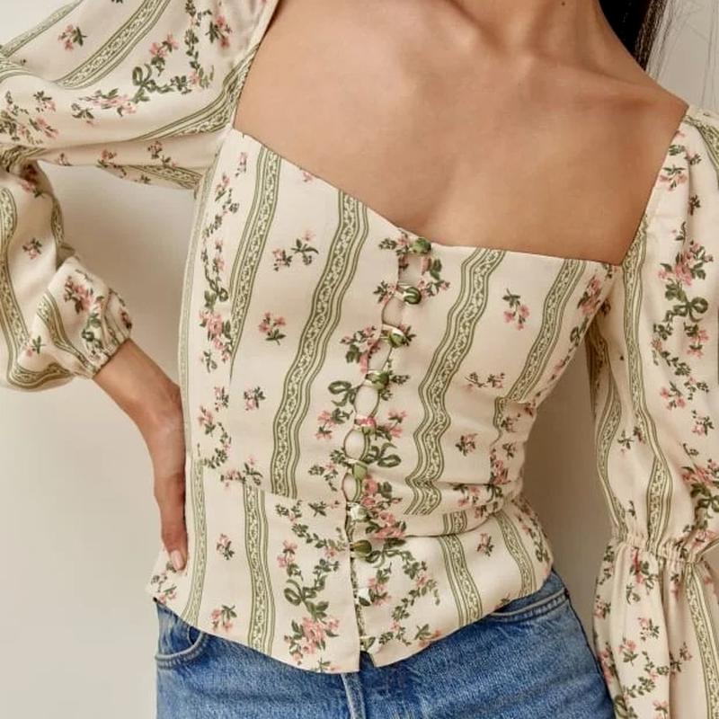 Women' T-Shirt Retro Temperament Square Collar Lantern Sleeve Striped Floral Short Top Print Button Chic Long-sleeved Fashion LadyWomen, Green
Women' T-Shirt Retro Temperament Square Collar Lantern Sleeve Striped Floral Short Top Print Button Chic Long-sleeved Fashion LadyWomen, Green