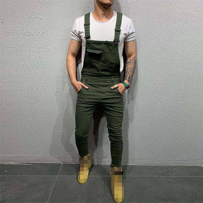 Men Black Jeans Jumpsuits Spring Autumn Casual Skinny Sleeveless Red Denim Overalls Male Slim Green Suspender Pants Streetwear