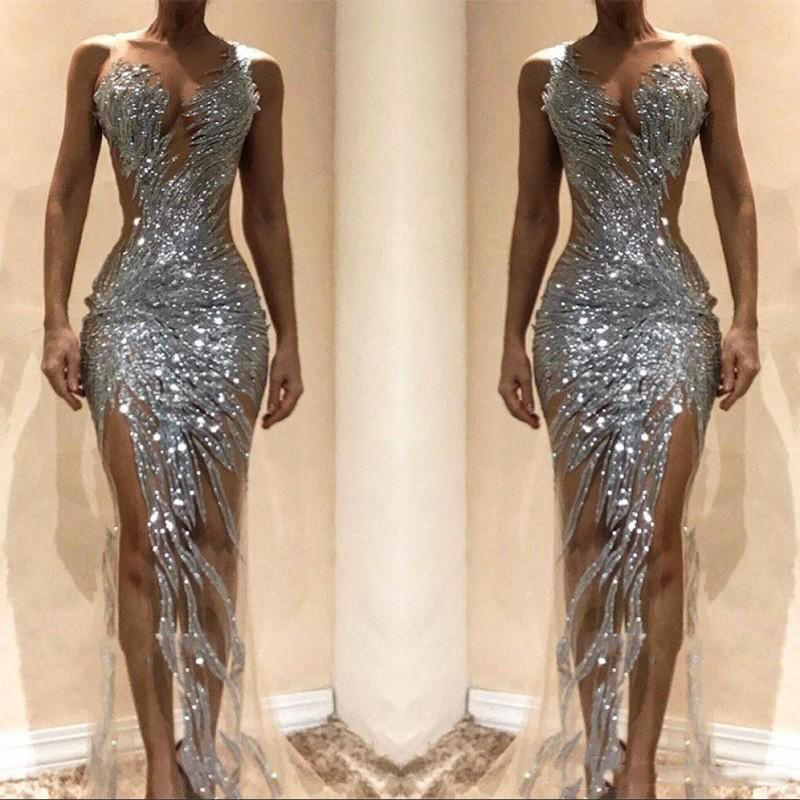 Gorgeous Silver Mermaid Prom Dresses 2022 Sexy See Through Sequins Bodice Split Long Women Occasion Evening Gowns Custom Made